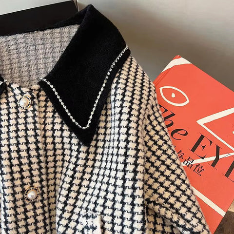 Long Sleeve Sailor Collar Houndstooth Pattern Jacket