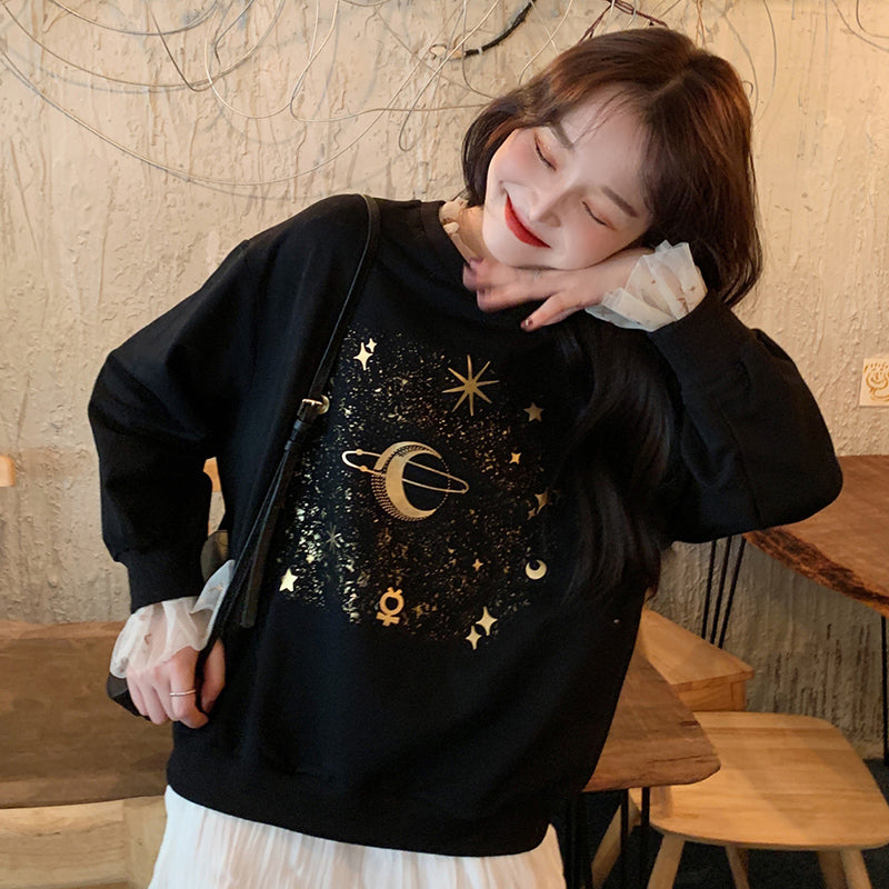 Moon Stars Planet Pattern Casual Sweatshirt