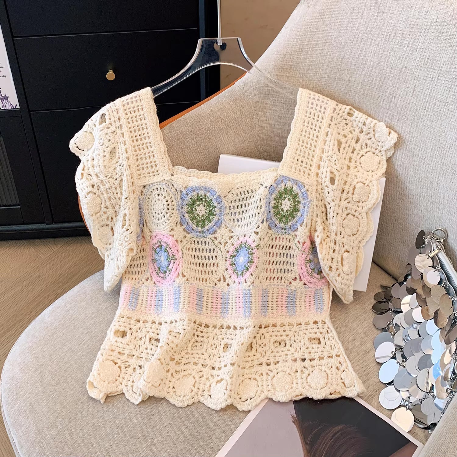 Square Neck Knitted Embroidered Lace Crochet Shirts