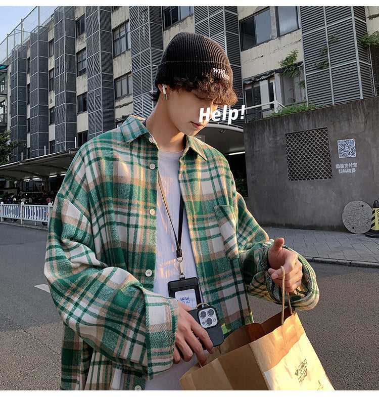 Long Sleeve Thickened Woolen Plaid Men Shirt