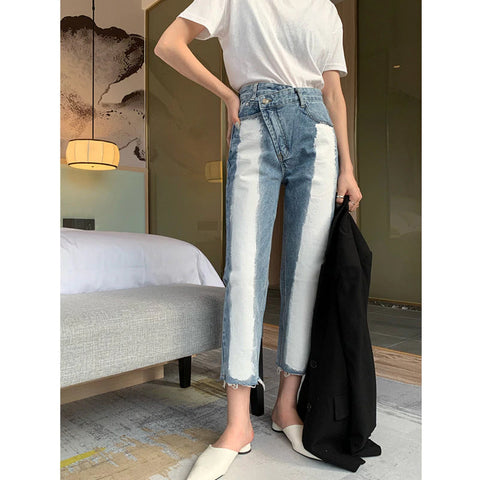 High Waist White Block Irregular Jeans Pants