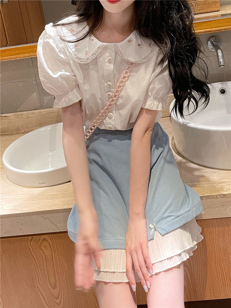 Floral Embroidered Peter Pan Collar Summer Shirt
