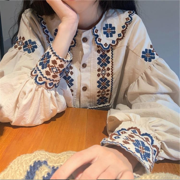 Long Sleeve Vintage Art Embroidered Blouse Shirts