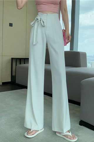 High Waist Loose Side Rope Tie Office Long Pants