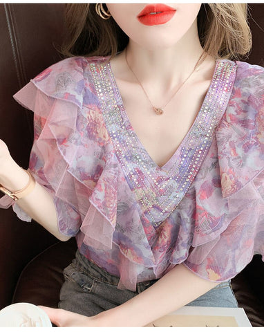 Retro Chiffonbluse mit V-Ausschnitt und Blumenmuster 