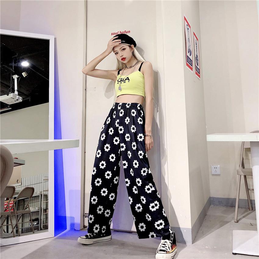 Pantalones sueltos con estampado floral de margaritas kawaii