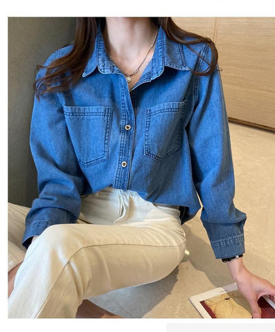 Camisa blusa elegante de mezclilla vintage suelta 