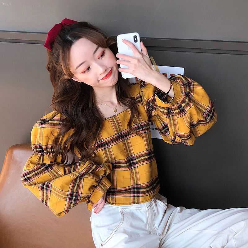 Plaid Backless Lace Up Lantern Sleeve Shirt