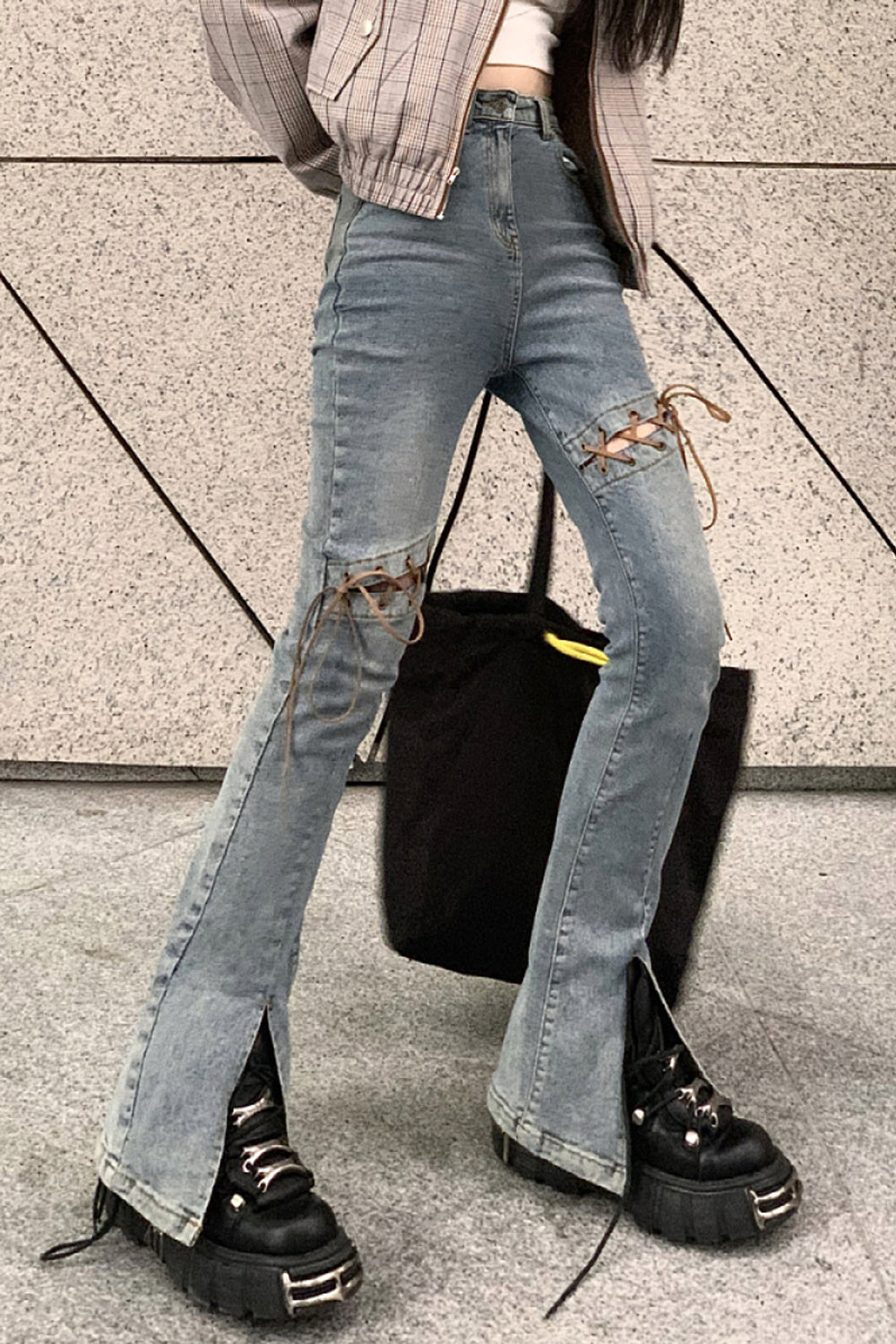 Split Leg Lace Up Tie Long Slim Jeans Pants