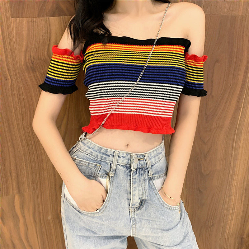 Rüschen Gestrickt Gestreift Sexy Off Shoulder Crop Tops 