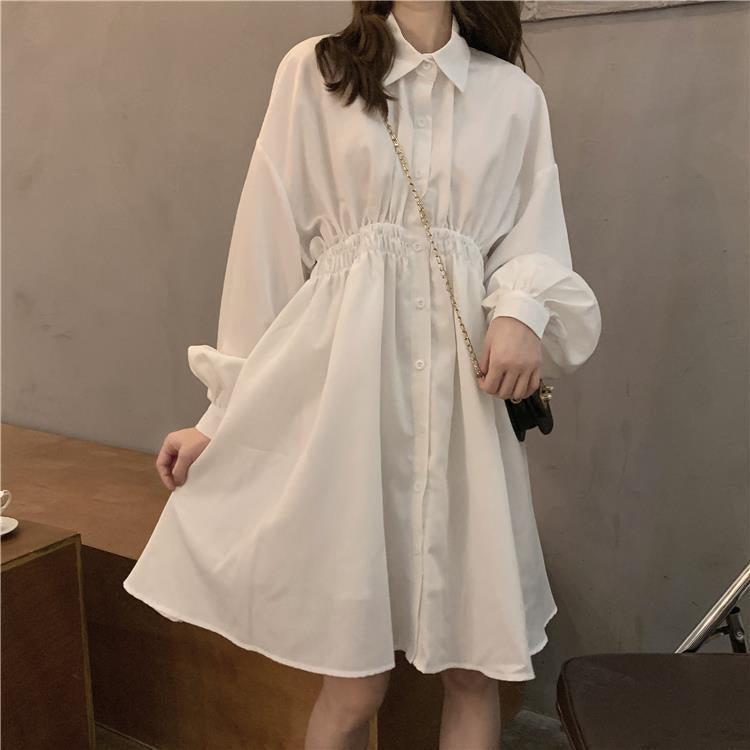 Loose Turn Down Collar Lantern Sleeve Dress