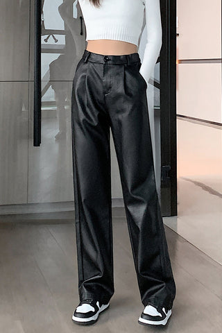 High Waist Black Leather Wide Leg Pants