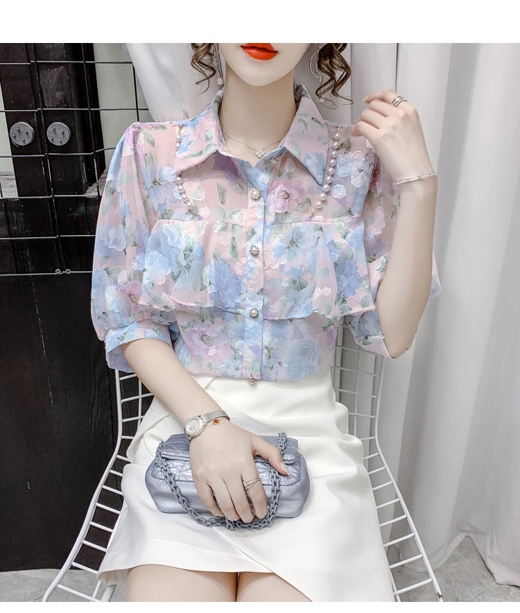 Blusa de gasa con volantes y cuentas de perlas 