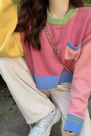Long Sleeve Spliced Colors Combination Sweater