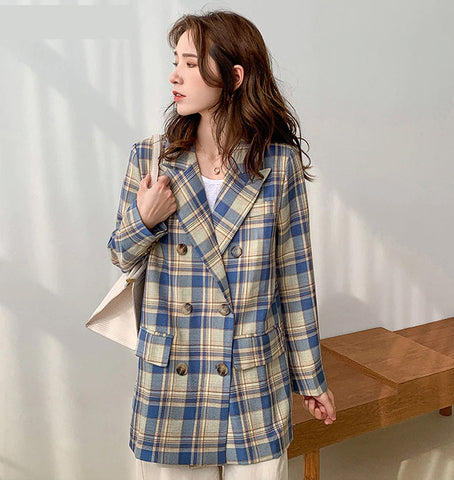 Vintage Double Breasted Plaid Blazer Coat