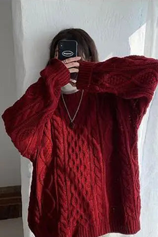 O-Neck Retro Knitted Red Colors Sweater