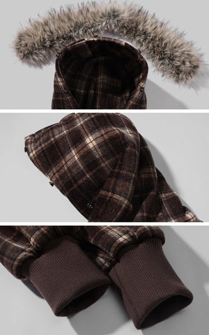 Structured Plaid Down Jacket with Detachable Fur Hood