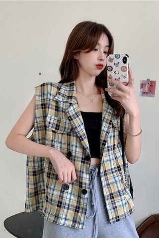 Sleeveless Plaid Style Vest Tops