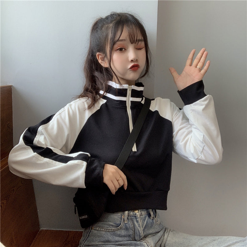 High Neck Zipper Collar Striped Cropped Sweatshirt