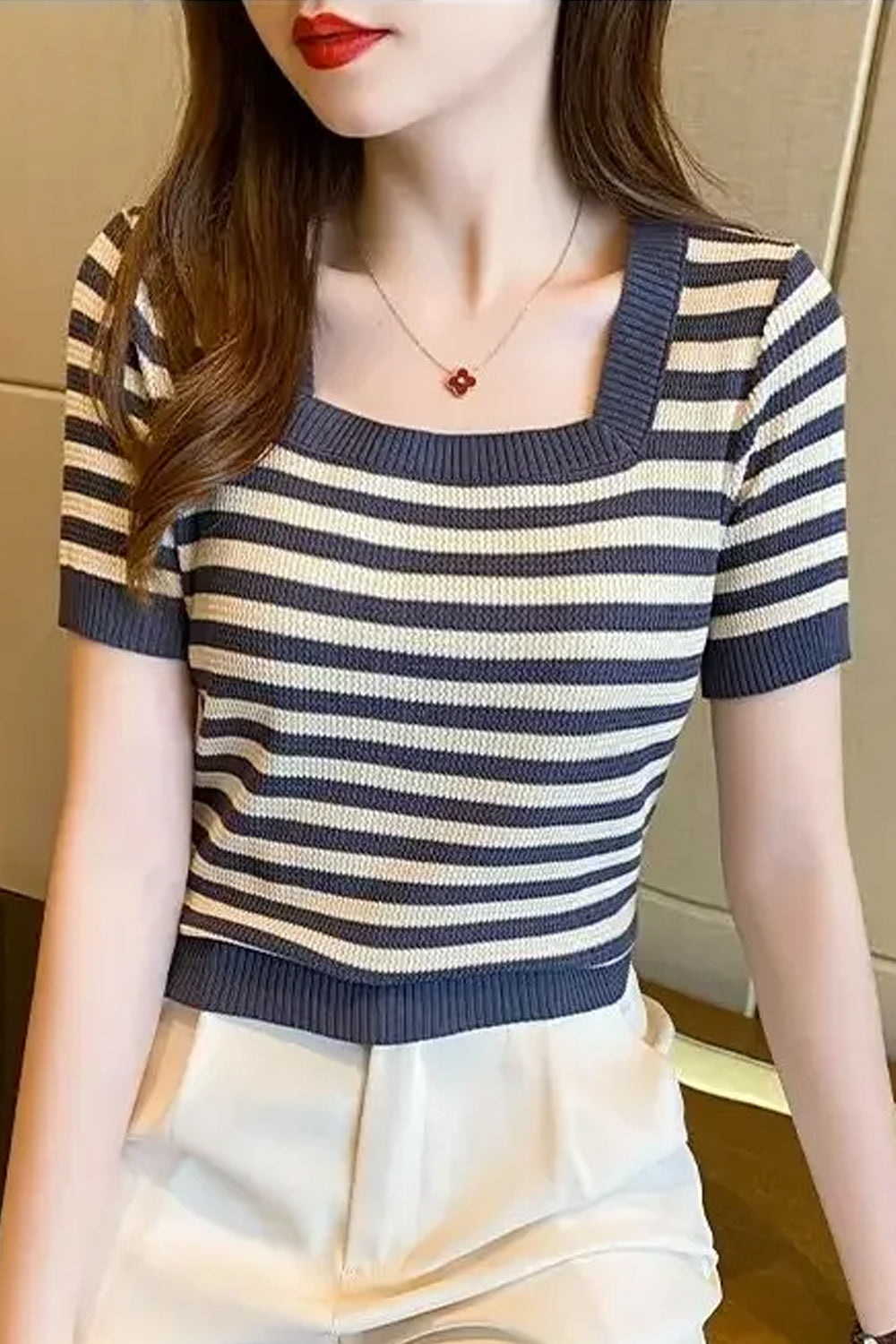 Elastic Square Collar Striped Slim Shirts