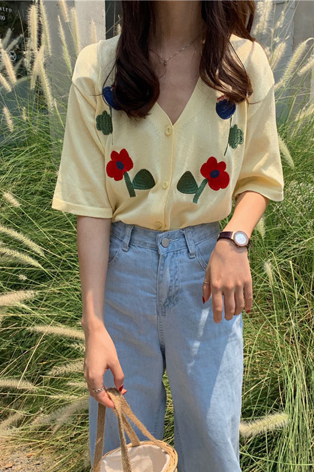 Sweet V-Neck Flowers Embroidered Shirts
