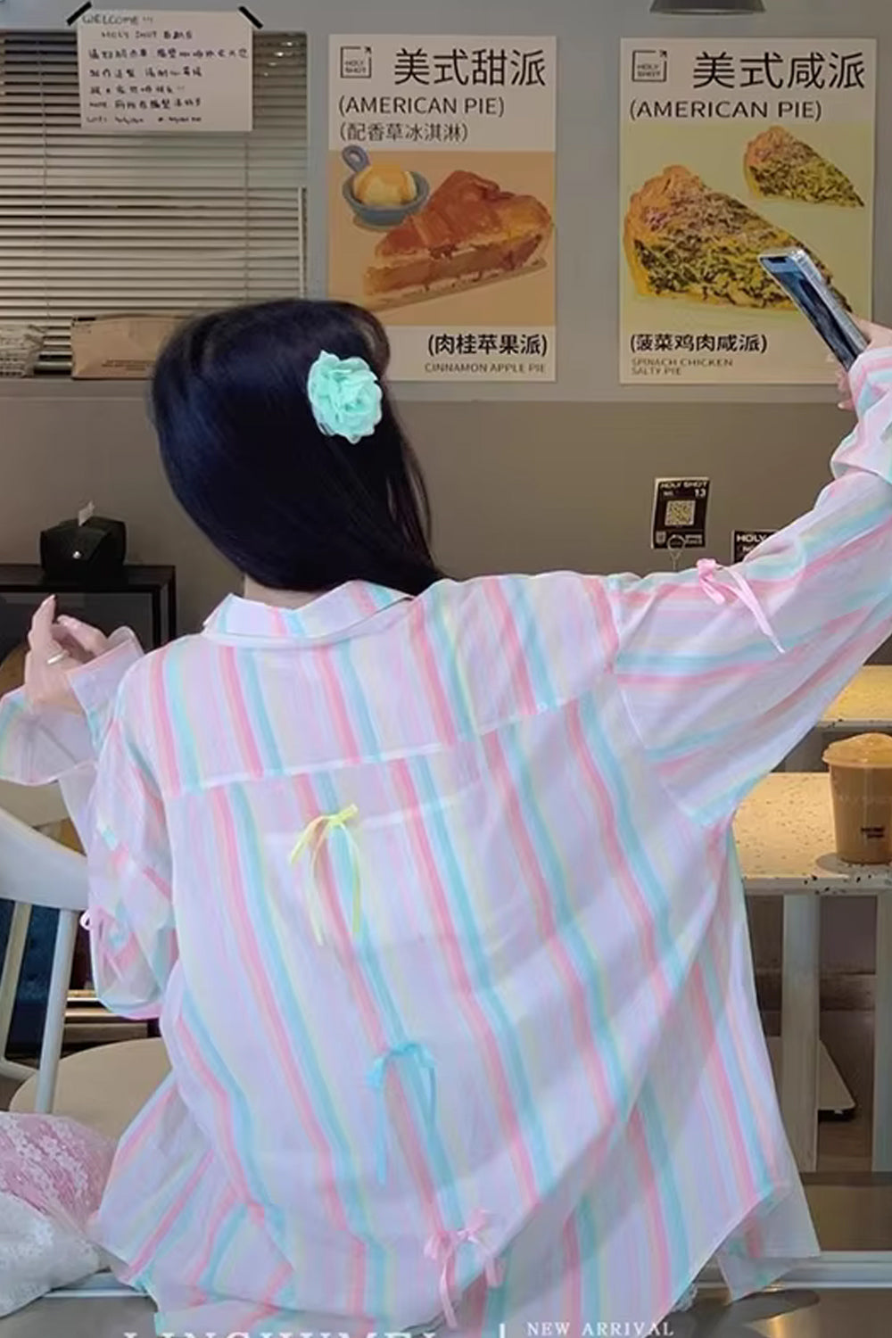 Long Sleeve Rainbow Striped With Cute Bow Blouse Shirt