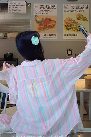 Long Sleeve Rainbow Striped With Cute Bow Blouse Shirt