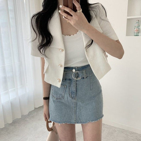 Short Sleeve Nothced Slim Blazer Shirt