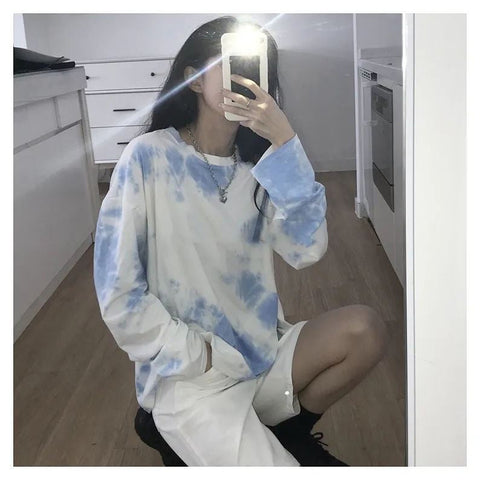 Long Sleeve Blue Tie Dye Printed Shirt