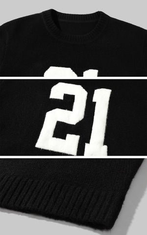 Oversized Knit Sweater with Textured Number Motif