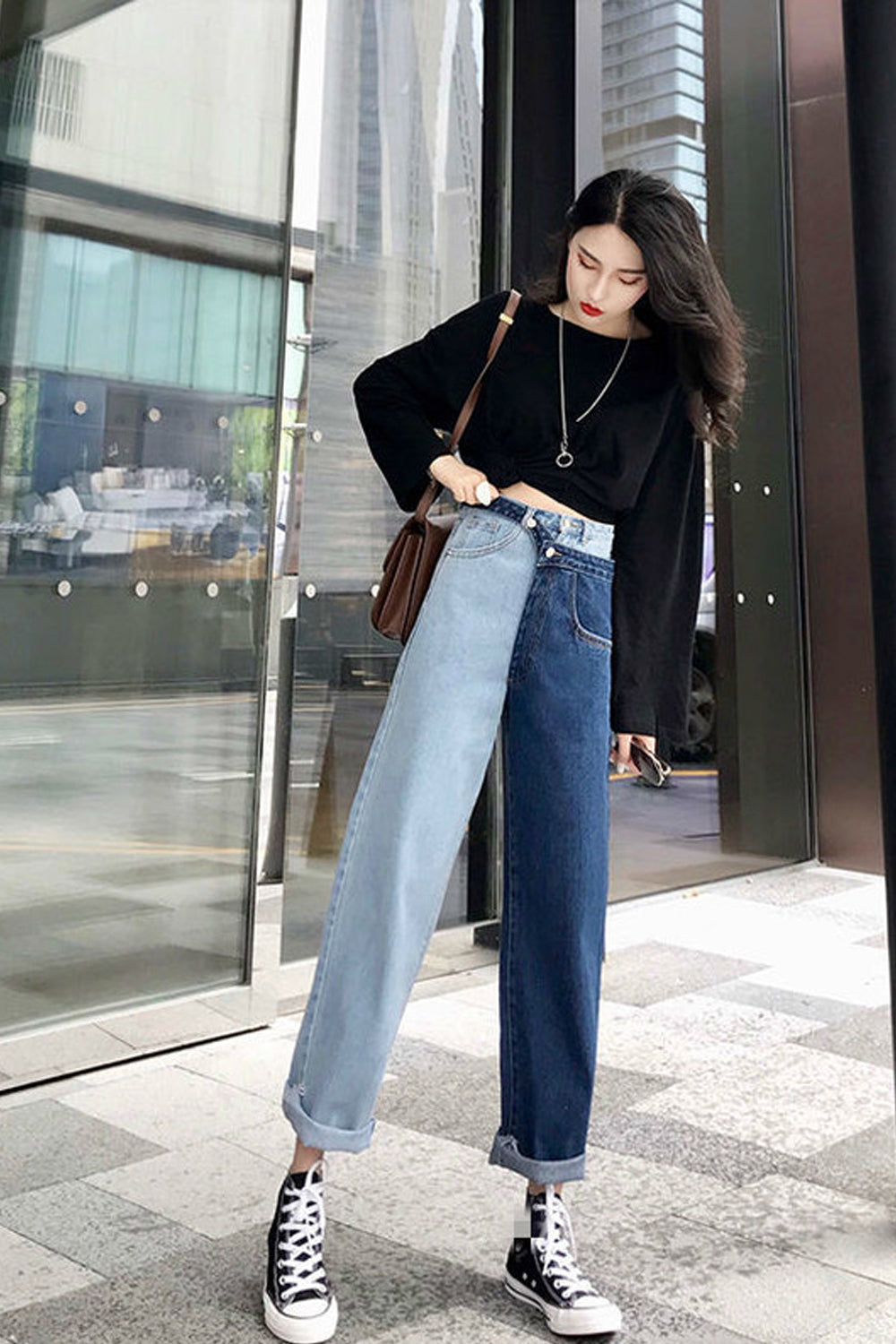 Half Double Colors Unique Zipper Button Jeans Pants