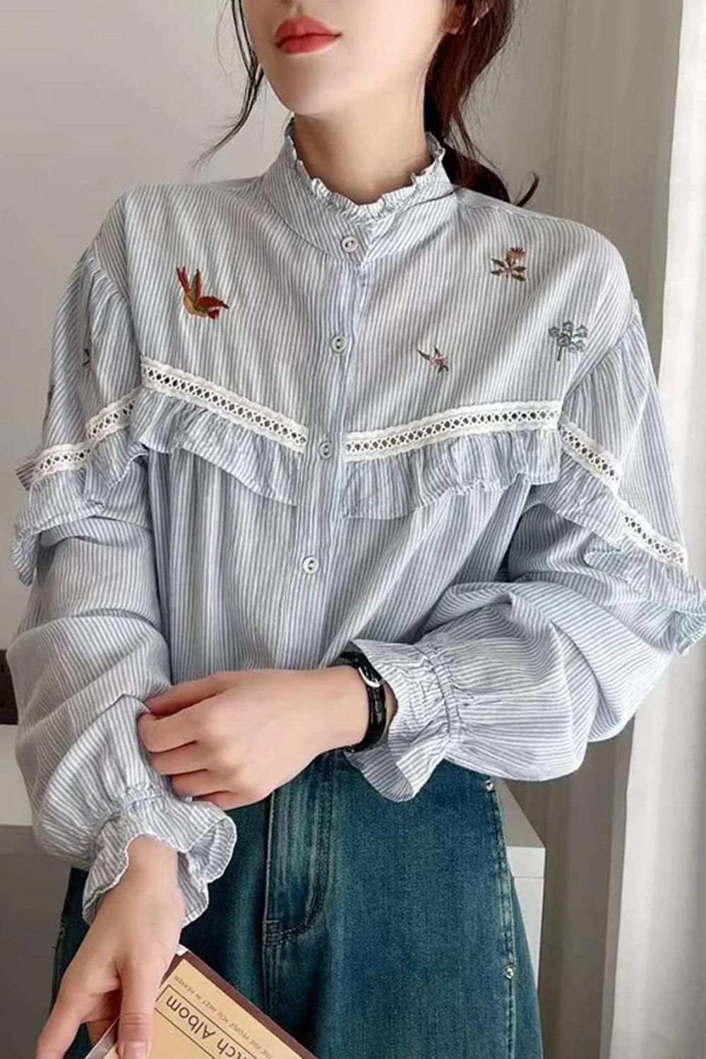 Long Sleeve High Neck Striped Blouse Shirt