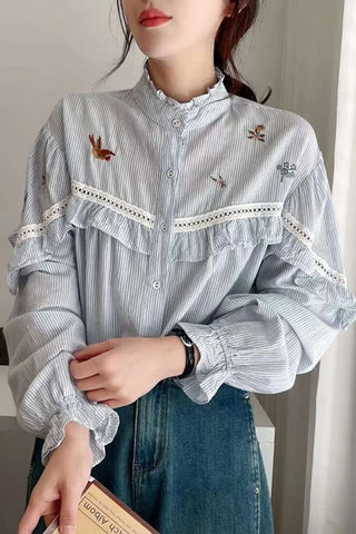 Long Sleeve High Neck Striped Blouse Shirt