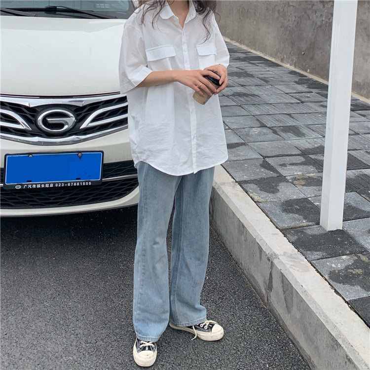 Double Pockets Retro Short Sleeve Blouse Shirts
