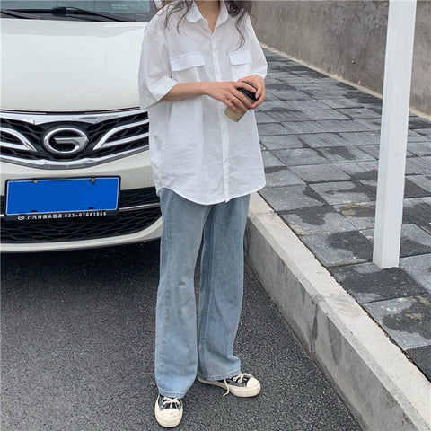 Double Pockets Retro Short Sleeve Blouse Shirts