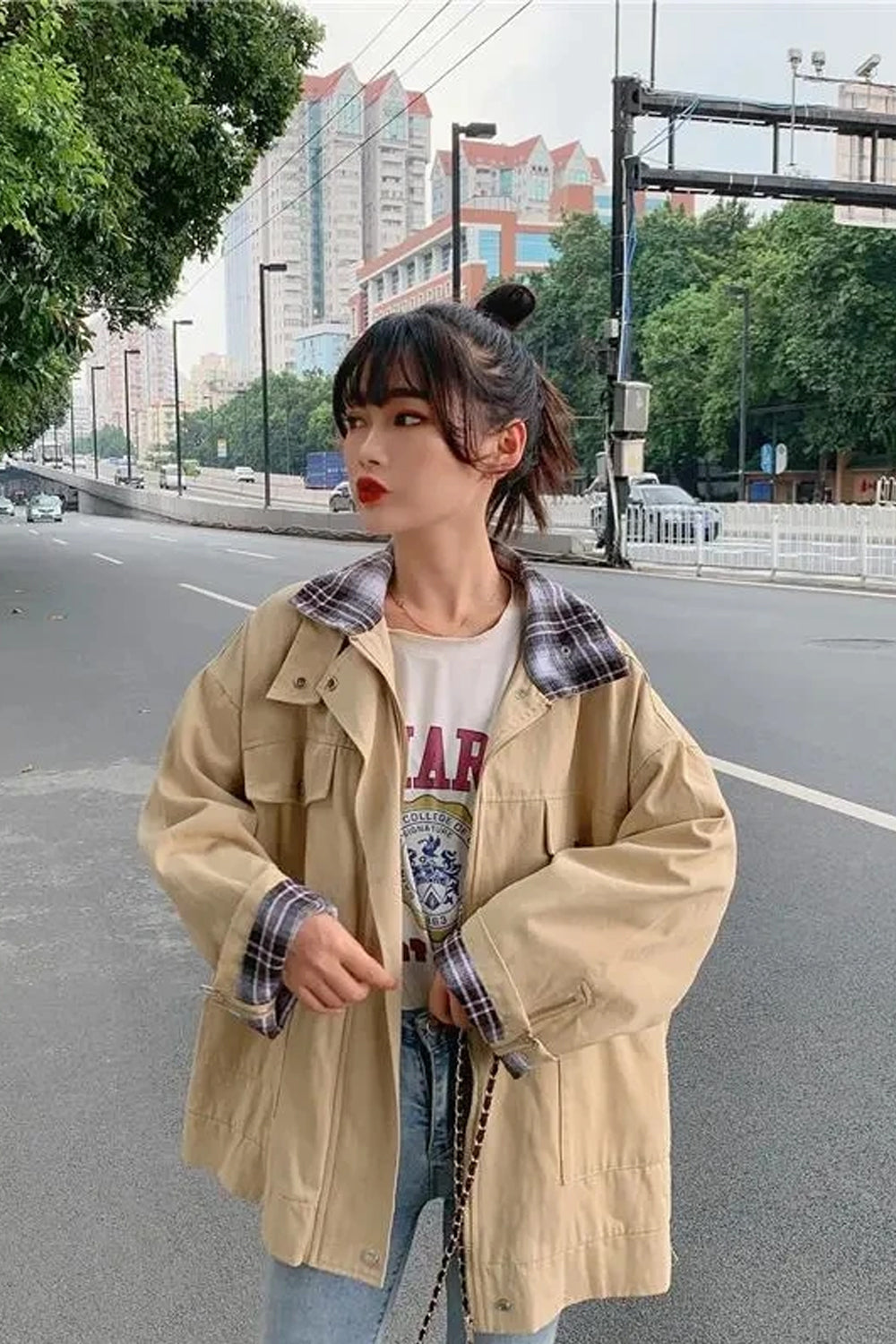 Long Sleeve Plaid Adjustable Padded Jacket