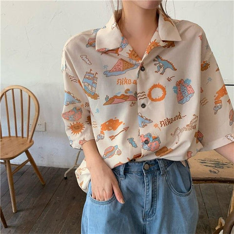 Classic Dinosaur Cartoon Printed Blouse Shirts