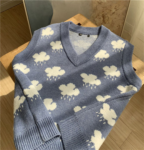 Cute Clouds Printed V-Neck Vest Sweater