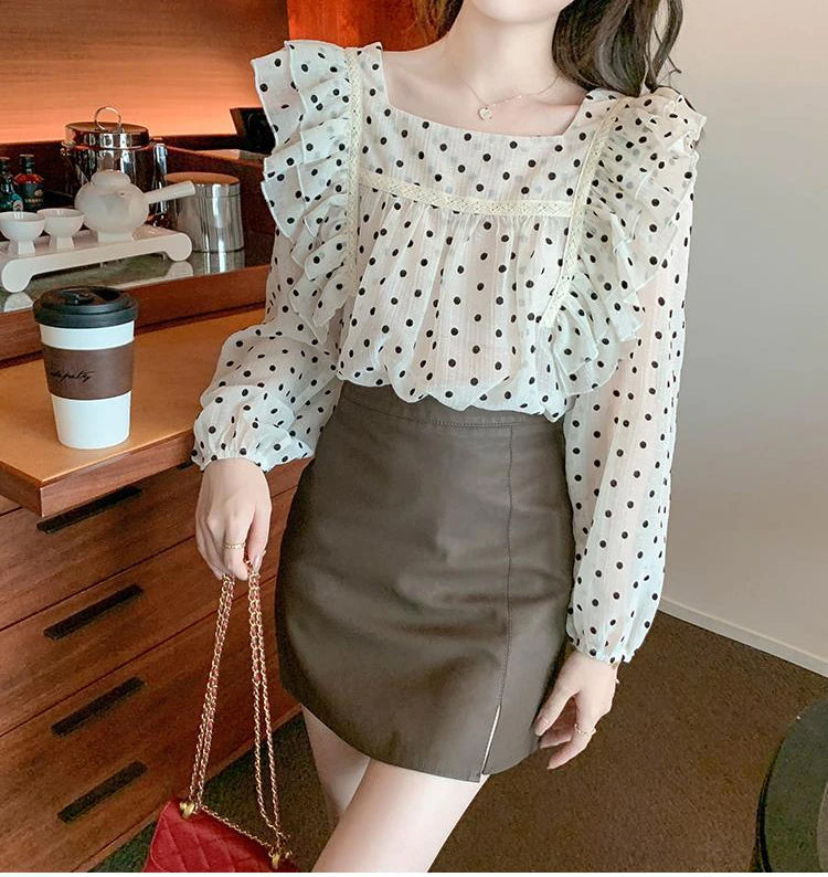 Polka Dot Square Collar Ruffle Blouse Shirts