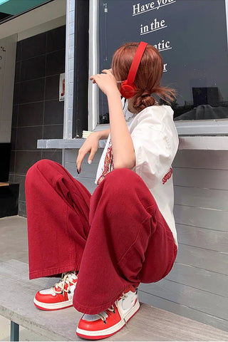 High Waist Casual Red Colors Long Pants