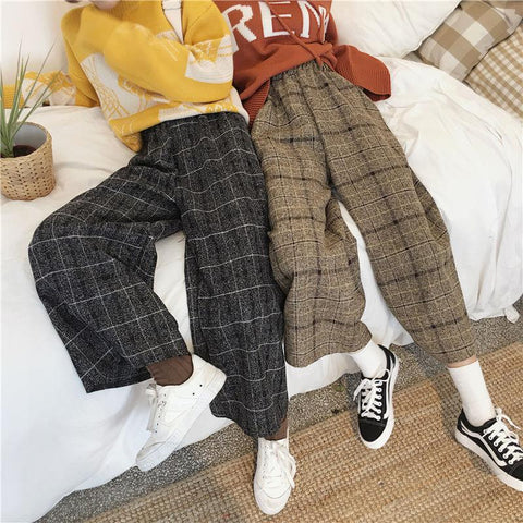 High Waist Ankle Length Wide Leg Plaid Pants