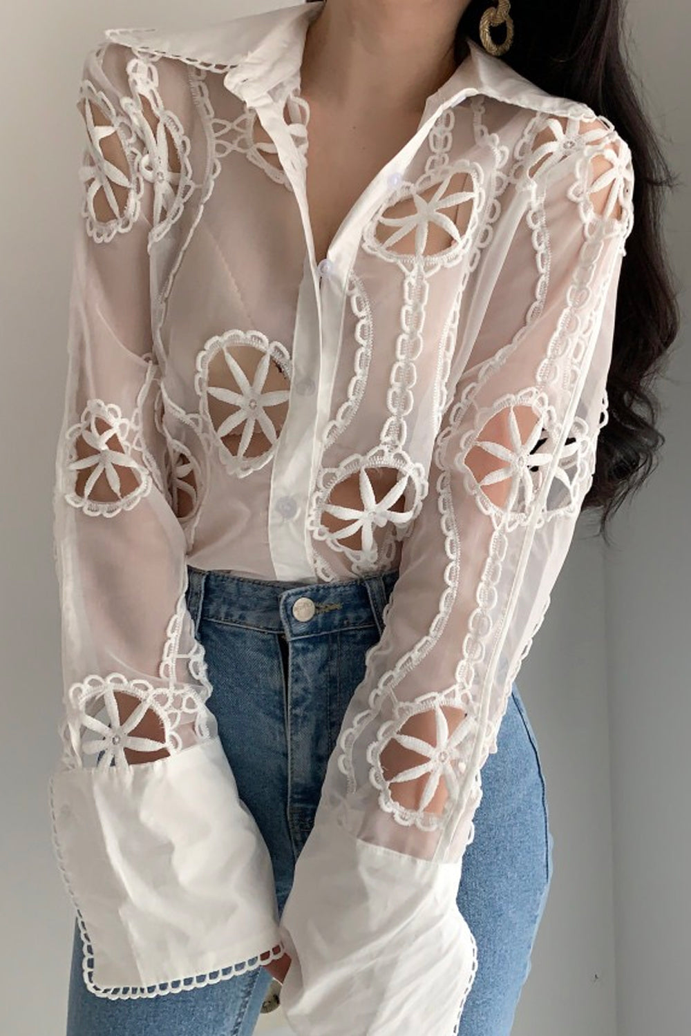 Langarm Sexy Floral Hollow Out Bluse Shirts 