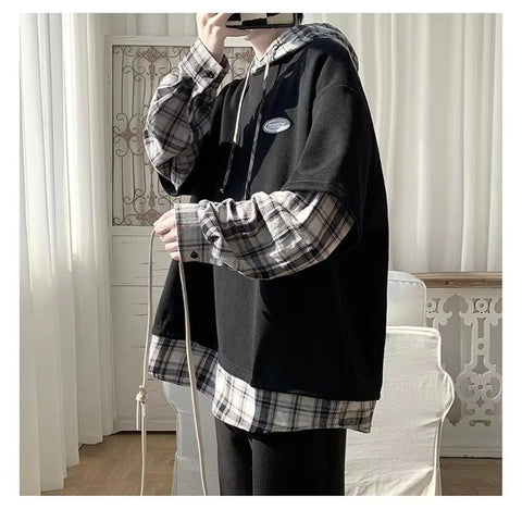 Loose Hooded Hip Hop Sleeve Plaid Hoodie