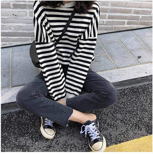 Long Sleeve Retro Striped O-Neck Shirt