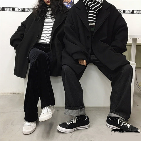 Black Solid Thicken Loose Coat Jacket