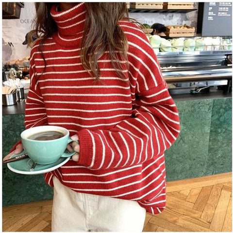 Retro Striped Loose Turtleneck Sweater