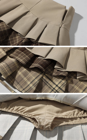Layered Pleated Mini Skirt with Plaid Contrast Panels