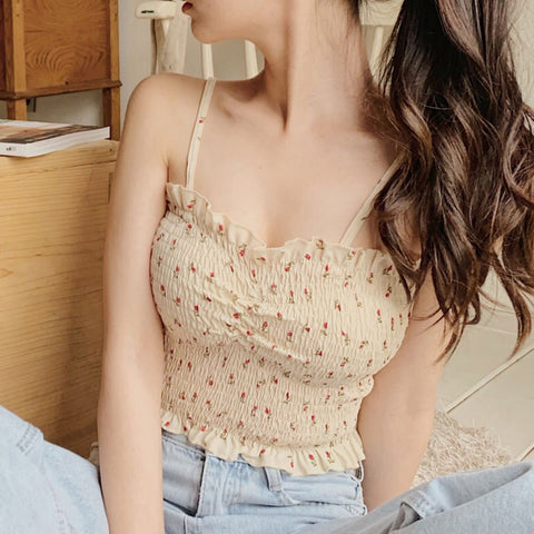 Schmal geschnittene Crop-Tops mit Blumenmuster und Rüschen