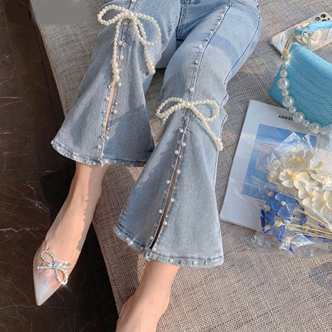 Elegant Beading Bowknot Long Denim Pants