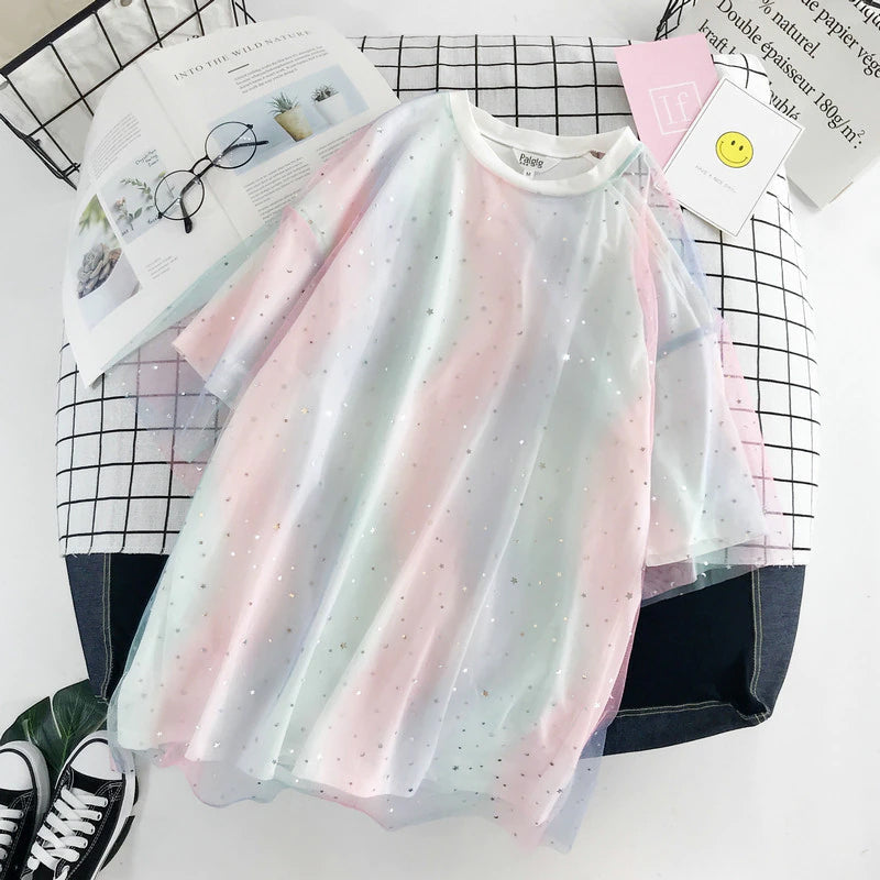 Casual O-Neck Sequins Gradient Color Shirt